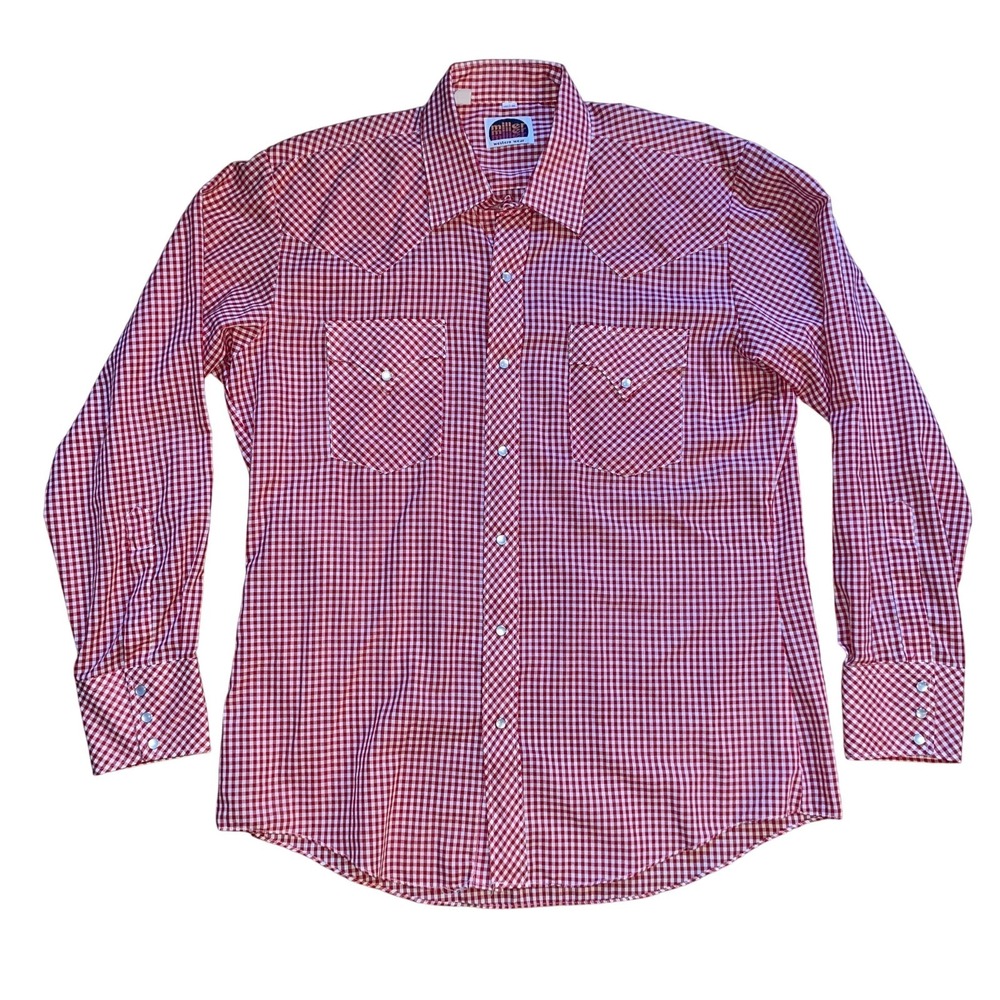 Vintage Miller Pearl Snap Western Shirt Mens L 16.5 Red Gingham Plaid 70s Cowboy